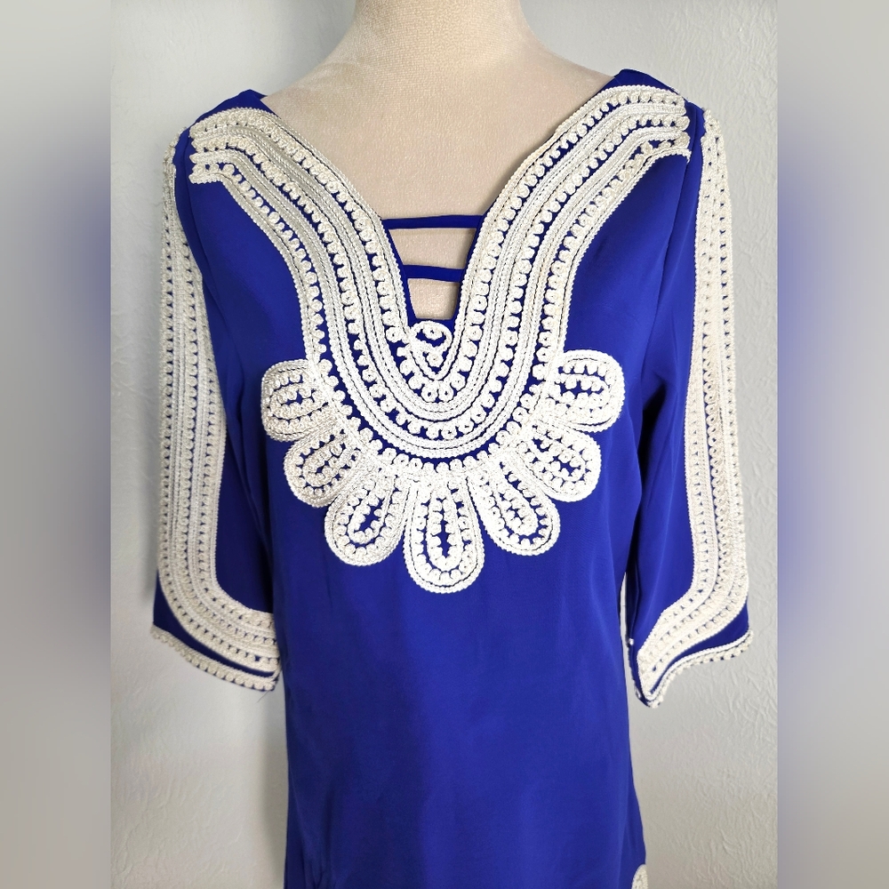 Camilla Tree Royal Blue Shift Dress with White Embroidered Trim, Size Medium - Picture 2 of 9